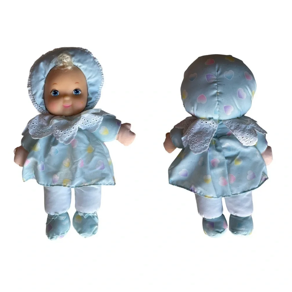 Vintage Jesvi Plush Baby Doll plastic face Blonde Hair Blue Outfit Rare Toy
